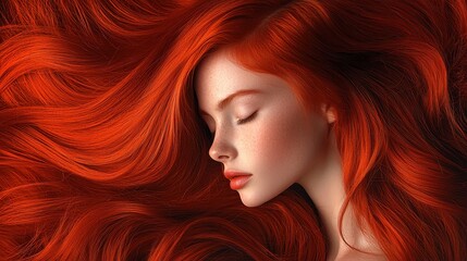 Obraz premium Beautiful woman with long red hair and freckles. Concept of beauty, hair care, and fashion.