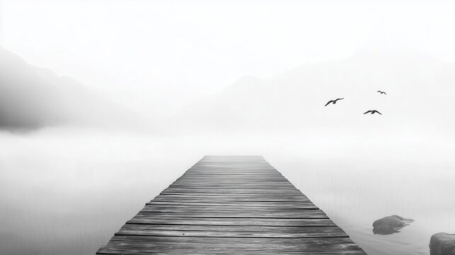 Wooden pier stretching into misty lake with birds flying