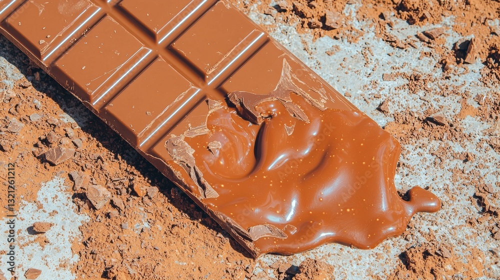 Poster chocolate bar lying on a bed of crushed chocolate. the chocolate bar is rectangular in shape and has