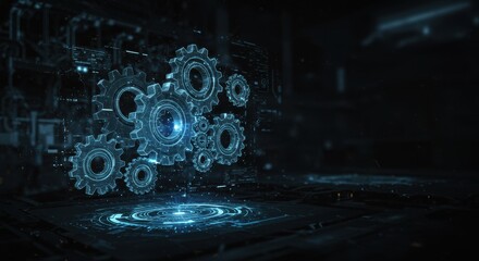 Obraz premium Futuristic Technology Gears: Abstract Digital Machine Cogs in Cyberspace