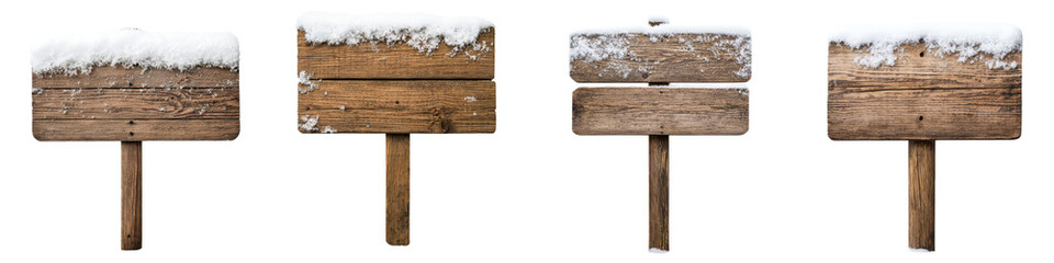 Fototapeta premium Blank wooden sign post or board with snow and ice covered surface providing copyspace for text or graphics Rural winter landscape background with frosty frozen environment