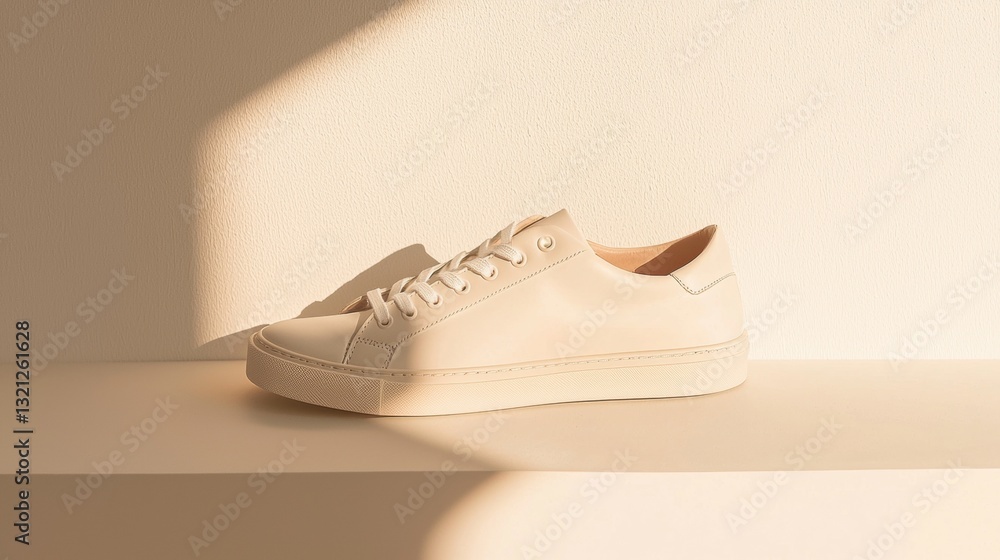 Poster beige-colored sneaker on a white surface. the sneaker has a round toe and a low-top design with a la