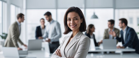 Confident young female entrepreneur in modern office with colleagues teamwork and collaboration.