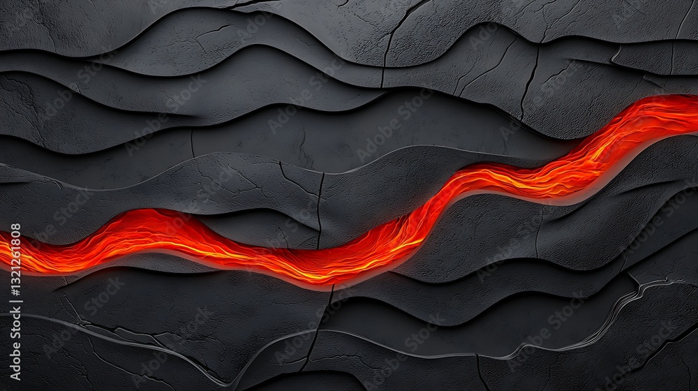 Poster glowing magma textures fire dynamic, flowing lava over textured black surface in abstract design