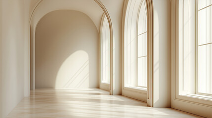 Fototapeta premium Elegant minimalist interior with arched windows, soft natural light, and neutral tones creating a serene ambiance 