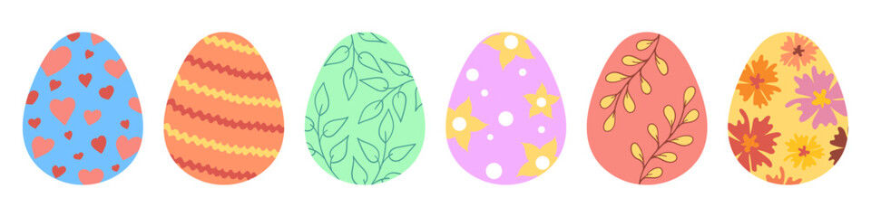 Easter set icon. Colorful decorative eggs, heart pattern, floral motifs, leaf designs, abstract ornaments, festive elements, pastel tones, seasonal celebration, spring theme, artistic decoration