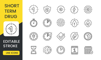 A set of line icons representing short-term drugs, with an editable stroke. The icons include stopwatches and timers, checkmarks and rapid motion symbols, shield and droplet indicators