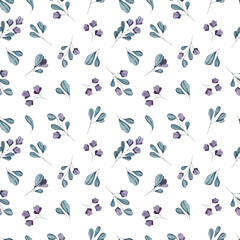 Fototapeta premium Watercolor seamless pattern with herbs and flowers. Romantic floral background. Fabric design