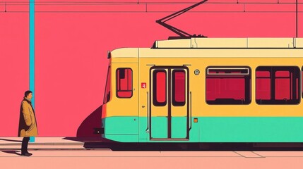 Illustration of a yellow and green tram on a street. the tram is on the right side of the image and is facing towards the left side.