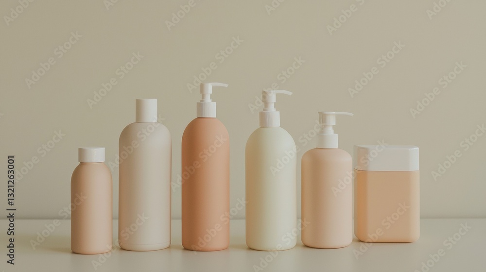 Aufkleber group of six bottles of different sizes and shapes arranged in a row on a plain white surface.
