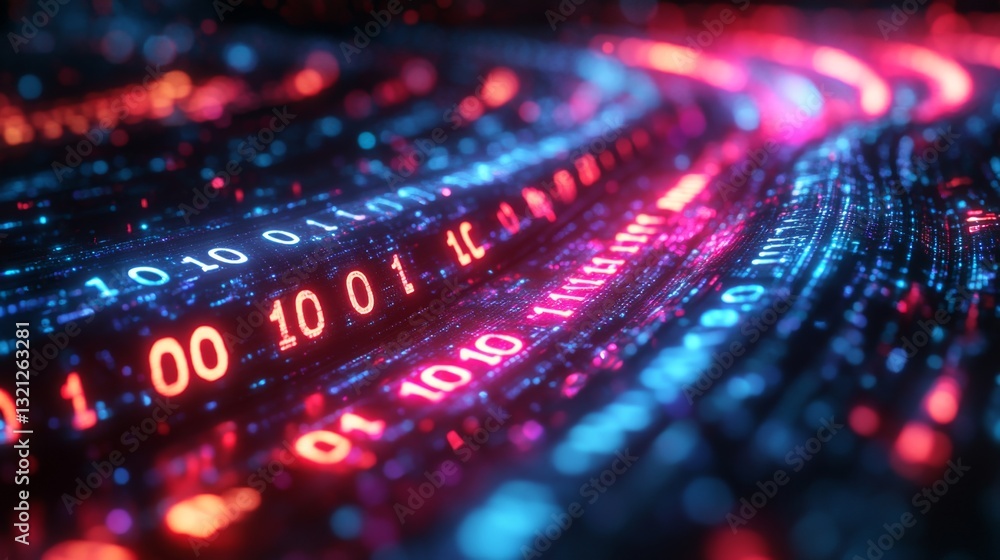 Poster Dynamic representation of quantum computing with colorful binary data streams illustrating concepts like qubits, superposition, and entanglement in a digital environment.
