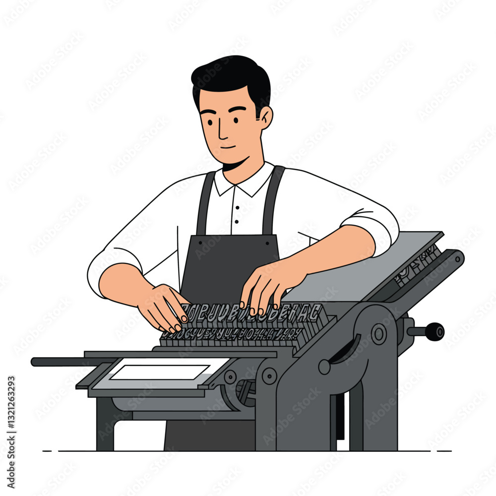 Poster printing press operator adjusting typesetting in flat vector art illustration