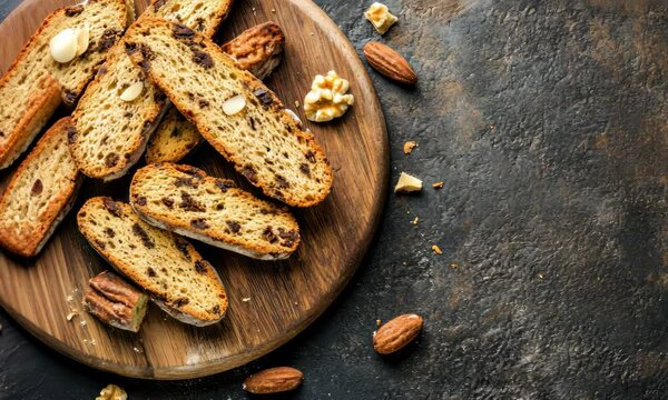 Nutty, chocolate chip biscotti on dark, rustic surface