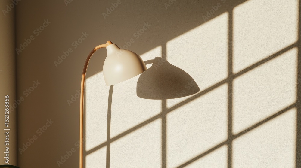 Poster floor lamp with a white shade on it. the lamp is standing on a wooden floor and is casting a shadow 