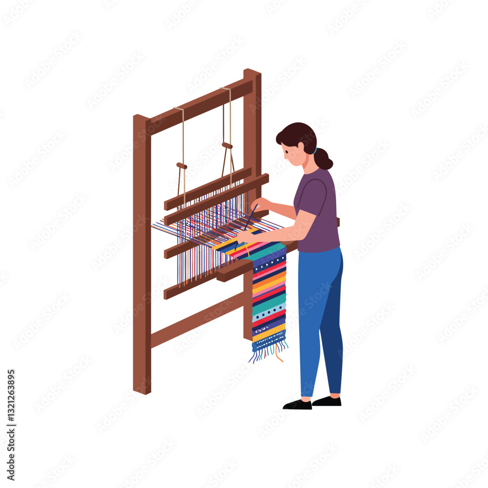 Poster weaver creating colorful fabric on loom in flat design vector art