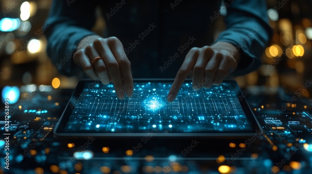 Aufkleber A person interacts with a digital interface displaying quantum computing concepts like qubit, quantum superposition, and entanglement. The setting is futuristic with vibrant lights and technology.