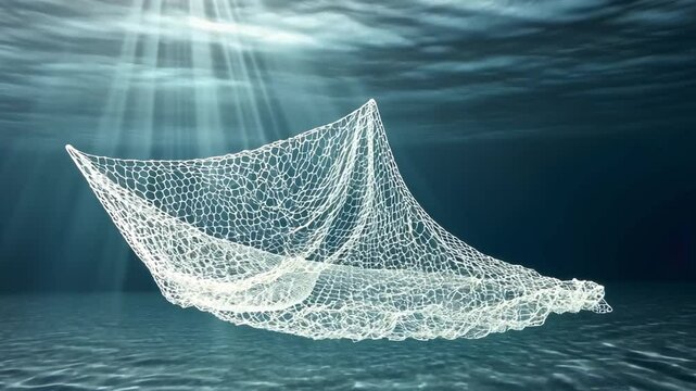 Serene Blue Underwater Scene Fishing Net Illuminated by Light, Showcasing Aquatic Life and Intricate Mesh Texture, Evoking Depth and Tranquility in Ocean.