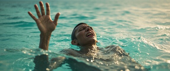 Person fights to keep their head above water as a hand emerges from the ocean.