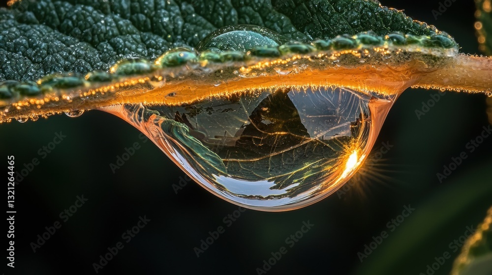 Poster close-up of a single drop of water on a green leaf. the drop is in the center of the image, with the