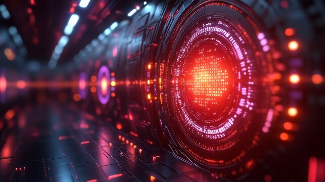 This captivating display shows a futuristic environment inspired by quantum computing, showcasing vibrant qubits in superposition and entangled states.