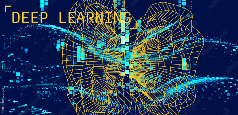 Aufkleber Futuristic vector illustration of a digital landscape, featuring a 3D grid forming a vortex. Cover for themes of technology and big data visualization.  