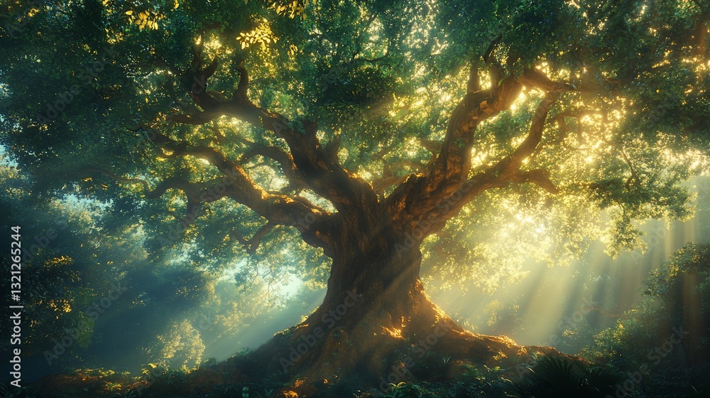 Poster majestic ancient tree with sunbeams filtering through its canopy illuminating the forest floor creat