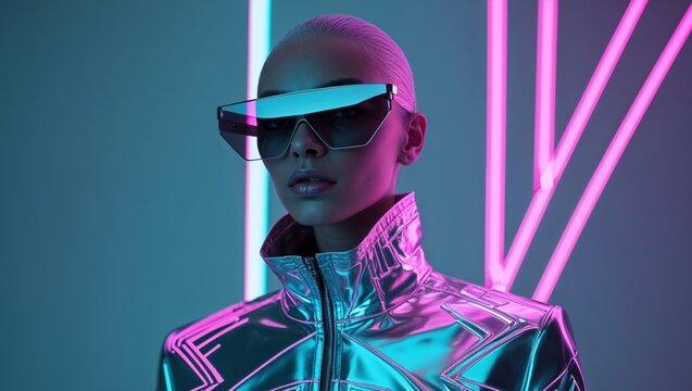Futuristic fashion with metallic jacket and reflective sunglasses under neon light