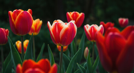 Obraz premium A vibrant garden scene featuring a collection of red and yellow tulips in full bloom.