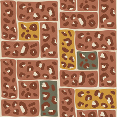 Leopard camouflage seamless pattern. Abstract animal print earth colors endless background. Cheetah or panther skin texture modular repeat bg. Vector brown bento grid ornament.