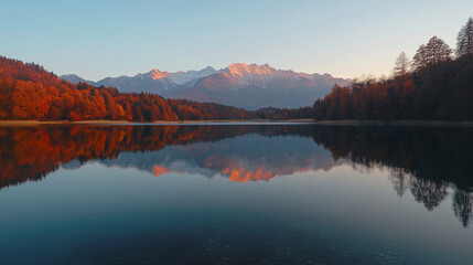 Naklejka premium A stunning sunrise at Jasna Lake in Triglav National Park, Slovenia, reflecting autumnâ€™s beauty with the Alps in the background