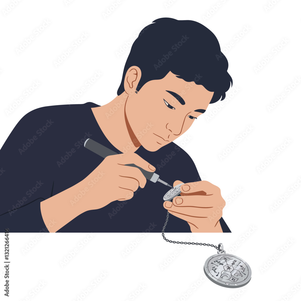 Poster crafting a detailed pendant with a tool in minimal vector art style