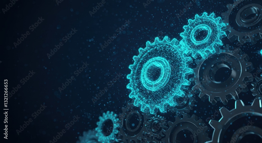 Poster abstract glowing gears digital technology mechanism interlocking cogwheels system network machine