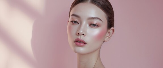 Obraz premium Beautiful model posing with light makeup on pink background.