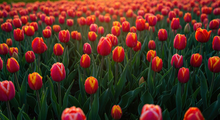 Fototapeta premium A vibrant field of red and yellow tulips glows during the sunset, creating a picturesque landscape.