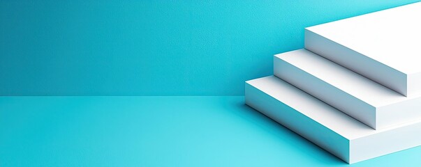 Obraz premium Geometric shapes illustration abstract background concept. Modern white stairs against a vibrant turquoise background, ideal for various uses.