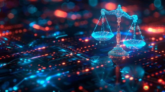 Holographic scales of justice displaying the fusion of technology and the legal system in a virtual environment