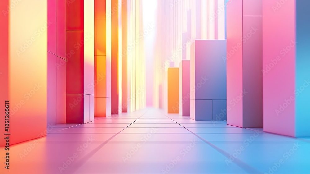 Poster geometric shapes illustration abstract background concept. a vibrant corridor with colorful pillars 