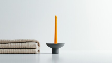 Minimalist setup featuring vibrant orange candle and neatly fold