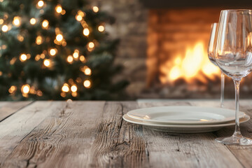 Obraz premium Intimate indoor dinner set is ready beside fireplace on rustic wood exudes warmth