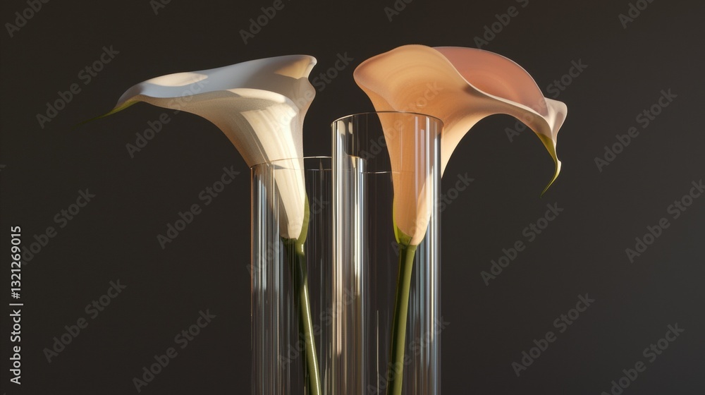 Poster three tall glass vases with white calla lilies in them. the vases are arranged in a triangular forma