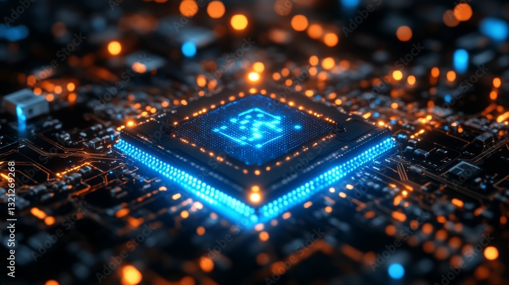Poster A close-up view of a quantum computer's processing unit showcases its complex circuitry and luminous elements.