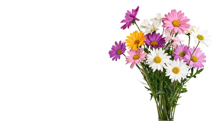 Obraz premium Vibrant bouquet of colorful blooming flowers including daisies chrysanthemums dahlias and cosmos in a rustic vase Elegant floral arrangement perfect for spring or summer home decor gifts or