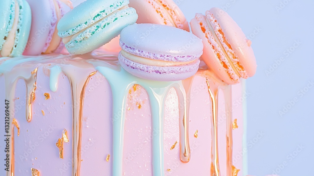 Poster close-up of a cake with a drizzle of pink and orange icing on top. the icing is dripping down the si