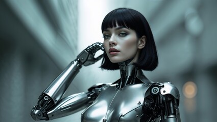 Naklejka premium An exploration of steel elegance through the perspective of a female cyborg.