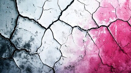 Cracked wall featuring pink and white paint with distinctive textures and space for customizable content display