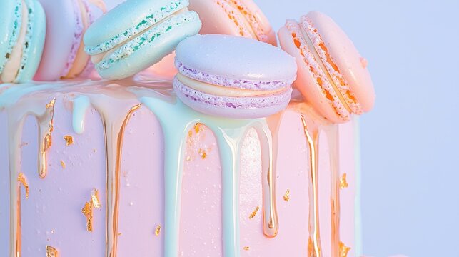 Close-up of a cake with a drizzle of pink and orange icing on top. the icing is dripping down the sides of the cake, creating a textured pattern.