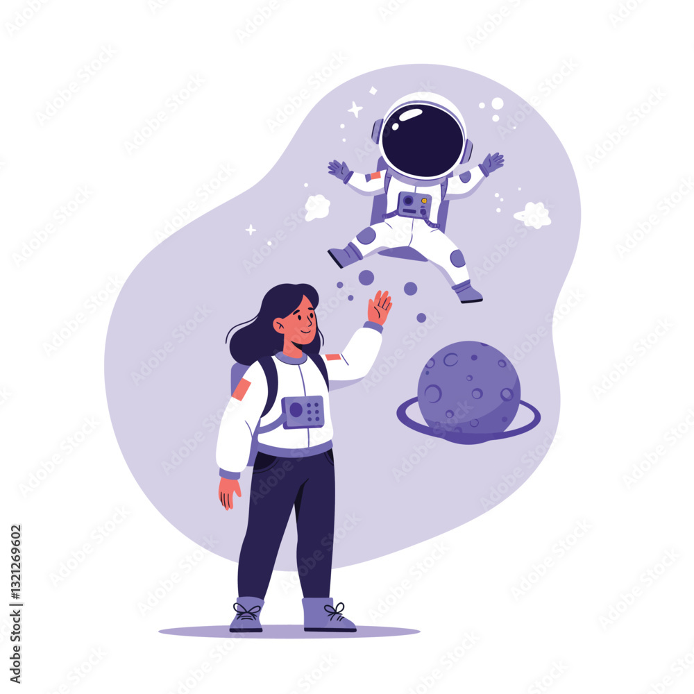 Aufkleber astronaut floating in space with girl reaching out in minimal vector illustration