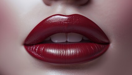 Obraz premium Striking red lipstick on female lips with glossy finish and smooth texture.