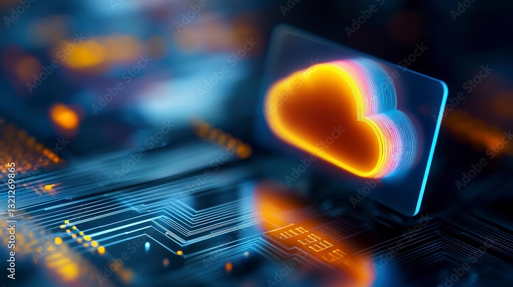 Poster futuristic cloud computing concept with colorful cloud and circuit board background for digital tech