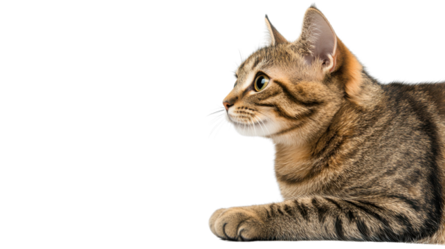 Closeup portrait of a captivating tabby cat with a curious alert gaze in a studio setting against a plain white background  The feline s soft fluffy fur distinct markings
